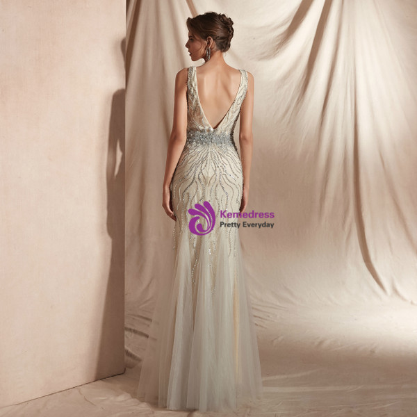 Shop 2019 Long & Short Champagne Mermaid Tulle V-neck Backless Prom Dress With Beading With Factory Price From Kemedress