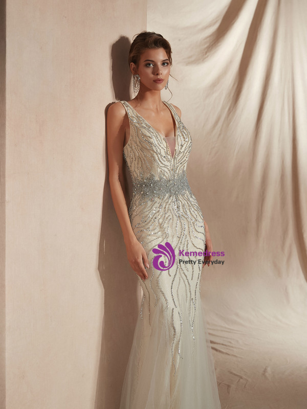 Shop 2019 Long & Short Champagne Mermaid Tulle V-neck Backless Prom Dress With Beading With Factory Price From Kemedress