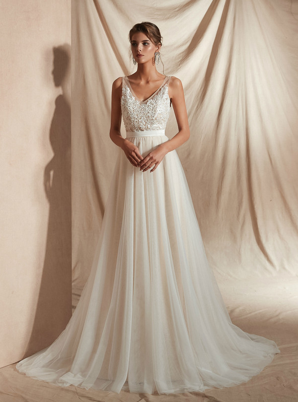 Shop 2019 Long & Short A-Line Ivory Tulle V-neck Backless Appliques Wedding Dress With Factory Price From Kemedress