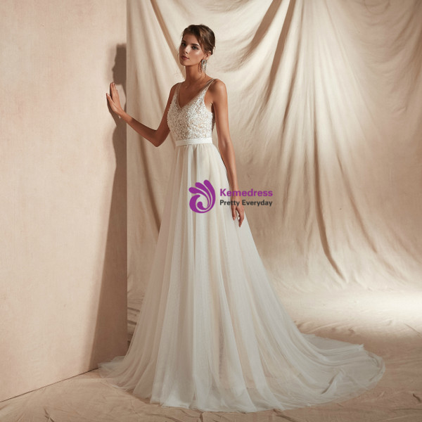 Shop 2019 Long & Short A-Line Ivory Tulle V-neck Backless Appliques Wedding Dress With Factory Price From Kemedress