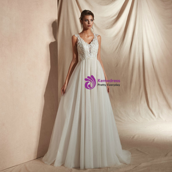 Shop 2019 Long & Short A-Line Tulle V-neck Appliques See Through Back Wedding Dress With Pearls With Factory Price From Kemedress