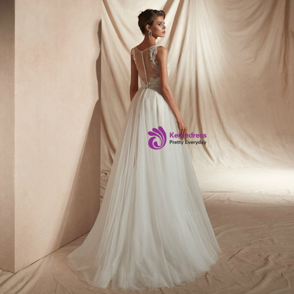Shop 2019 Long & Short A-Line Tulle V-neck Appliques See Through Back Wedding Dress With Pearls With Factory Price From Kemedress