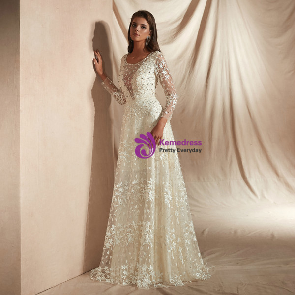 Shop 2019 Long & Short A-Line Champagne Tulle Lace Long Sleeve See Through Wedding Dress With Factory Price From Kemedress
