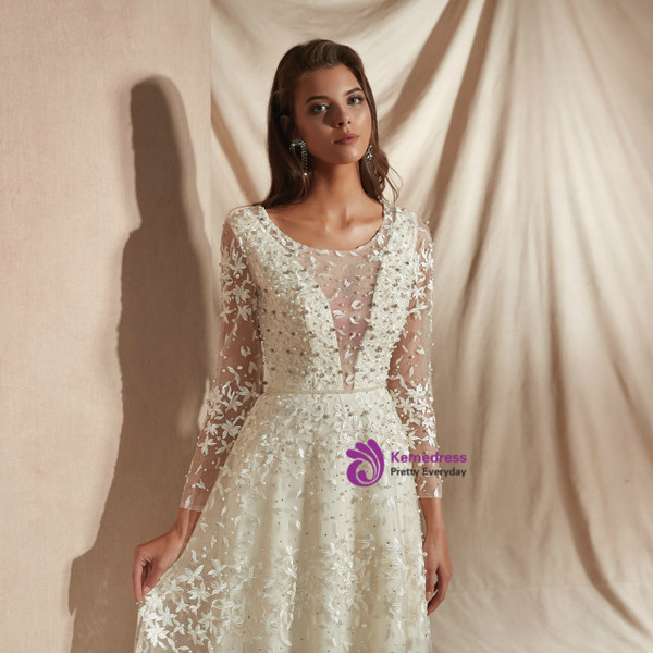 Shop 2019 Long & Short A-Line Champagne Tulle Lace Long Sleeve See Through Wedding Dress With Factory Price From Kemedress