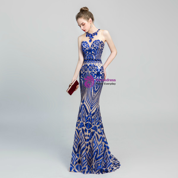 Shop 2019 Long & Short Blue Mermaid Sequins Scoop Backless Long Prom Dress With Factory Price From Kemedress
