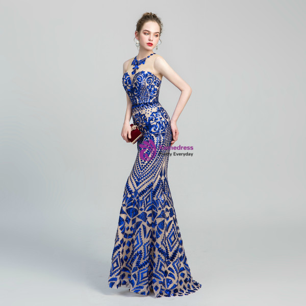 Shop 2019 Long & Short Blue Mermaid Sequins Scoop Backless Long Prom Dress With Factory Price From Kemedress