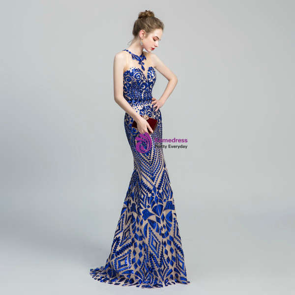 Shop 2019 Long & Short Blue Mermaid Sequins Scoop Backless Long Prom Dress With Factory Price From Kemedress