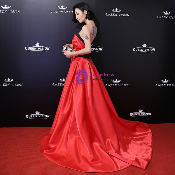 Shop 2019 Long & Short In Stock:Ship in 48 Hours A-Line Red Satin Backless Prom Dress With Factory Price From Kemedress