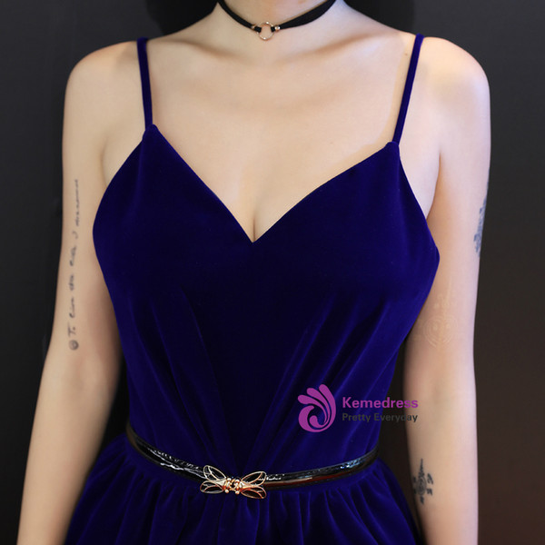 Shop 2019 Long & Short In Stock:Ship in 48 Hours A-line Blue Velvet Spaghetti Straps Homecoming Dress With Sash With Factory Price From Kemedress