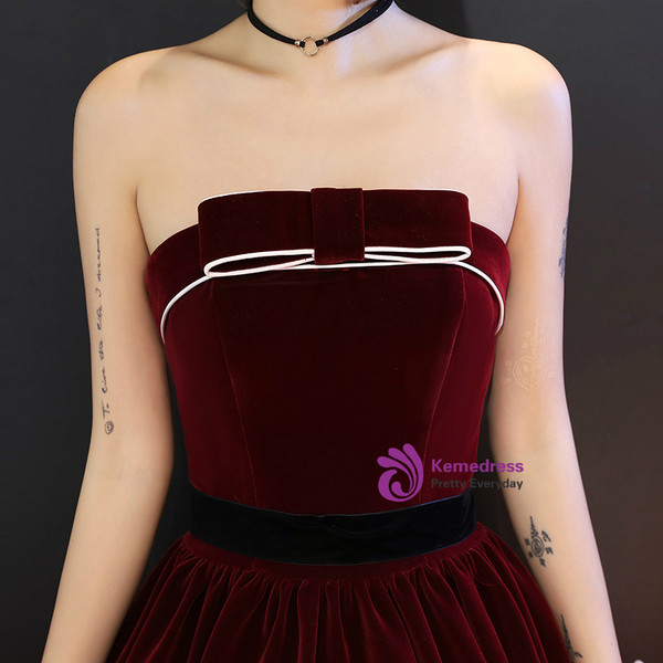 Shop 2019 Long & Short In Stock:Ship in 48 Hours Burgundy Velvet Strapless Pleats Prom Dress With Bow With Factory Price From Kemedress