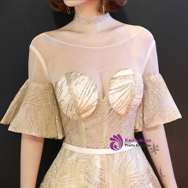 Shop 2019 Long & Short In Stock:Ship in 48 Hours Gold Tulle Sequins Puff Sleeve Prom Dress With Factory Price From Kemedress