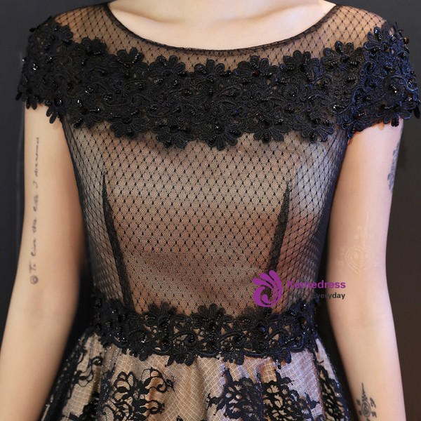 Shop 2019 Long & Short In Stock:Ship in 48 Hours Black Lace Cap Sleeve Short Homecoming Dress With Factory Price From Kemedress