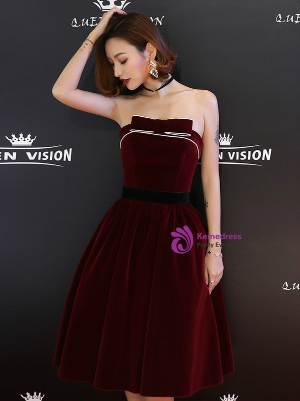 Shop 2019 Long & Short In Stock:Ship in 48 Hours Burgundy Velvet Strapless Homeoming Dress With Factory Price From Kemedress