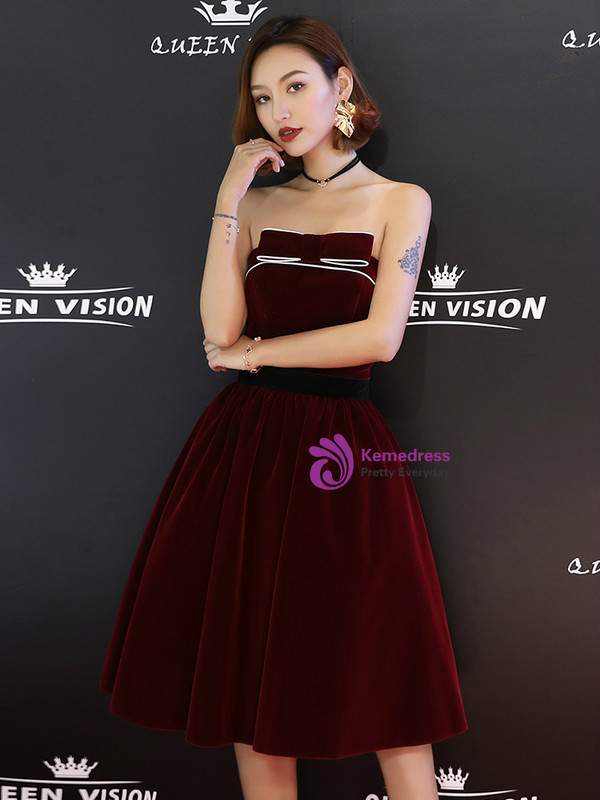 Shop 2019 Long & Short In Stock:Ship in 48 Hours Burgundy Velvet Strapless Homeoming Dress With Factory Price From Kemedress