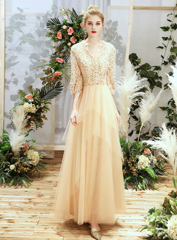 Shop 2019 Long & Short In Stock:Ship in 48 Hours Champagne Tulle V-neck Half Sleeve Bridesmaid Dress With Factory Price From Kemedress