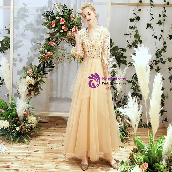 Shop 2019 Long &amp; Short In Stock:Ship in 48 Hours Champagne Tulle V-neck Half Sleeve Bridesmaid Dress With Factory Price From Kemedress