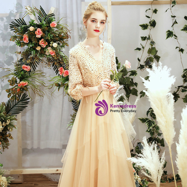 Shop 2019 Long & Short In Stock:Ship in 48 Hours Champagne Tulle V-neck Half Sleeve Bridesmaid Dress With Factory Price From Kemedress