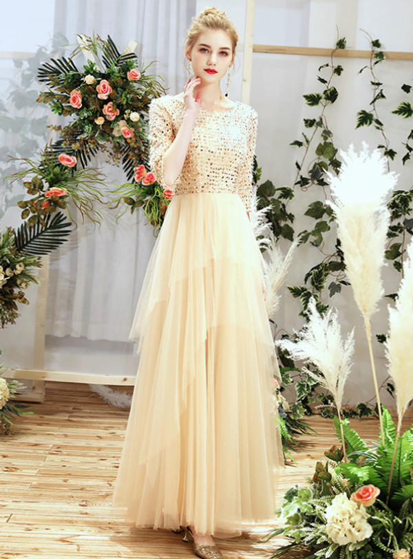 Shop 2019 Long & Short In Stock:Ship in 48 Hours Champagne Tulle Sequins Bateau Half Sleeve Bridesmaid Dress With Factory Price From Kemedress