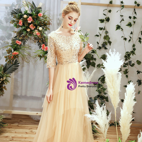 Shop 2019 Long & Short In Stock:Ship in 48 Hours Champagne Tulle Sequins Bateau Half Sleeve Bridesmaid Dress With Factory Price From Kemedress