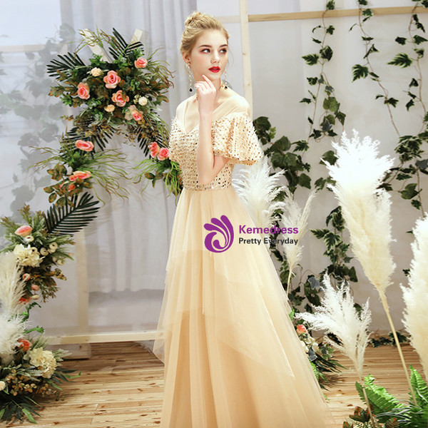 Shop 2019 Long & Short In Stock:Ship in 48 Hours Champagne Tulle Sequins V-neck Short Sleeve Bridesmaid Dress With Factory Price From Kemedress