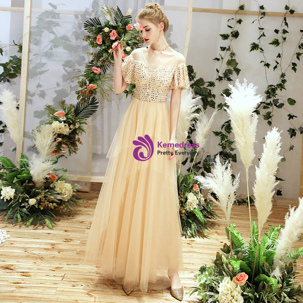 Shop 2019 Long & Short In Stock:Ship in 48 Hours Champagne Tulle Sequins V-neck Short Sleeve Bridesmaid Dress With Factory Price From Kemedress