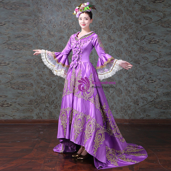 Shop 2019 Long & Short A-Line Hi Lo Purple Satin Lace Appliques Puff Sleeve Drama Show Vintage Gown Dress With Factory Price From Kemedress