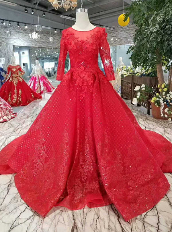 Shop 2019 Long & Short Red Ball Gown Tulle Sequins Appliques Long Sleeve Wedding Dress With Train With Factory Price From Kemedress