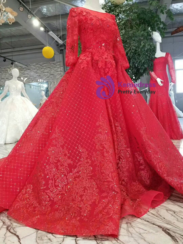 Shop 2019 Long & Short Red Ball Gown Tulle Sequins Appliques Long Sleeve Wedding Dress With Train With Factory Price From Kemedress