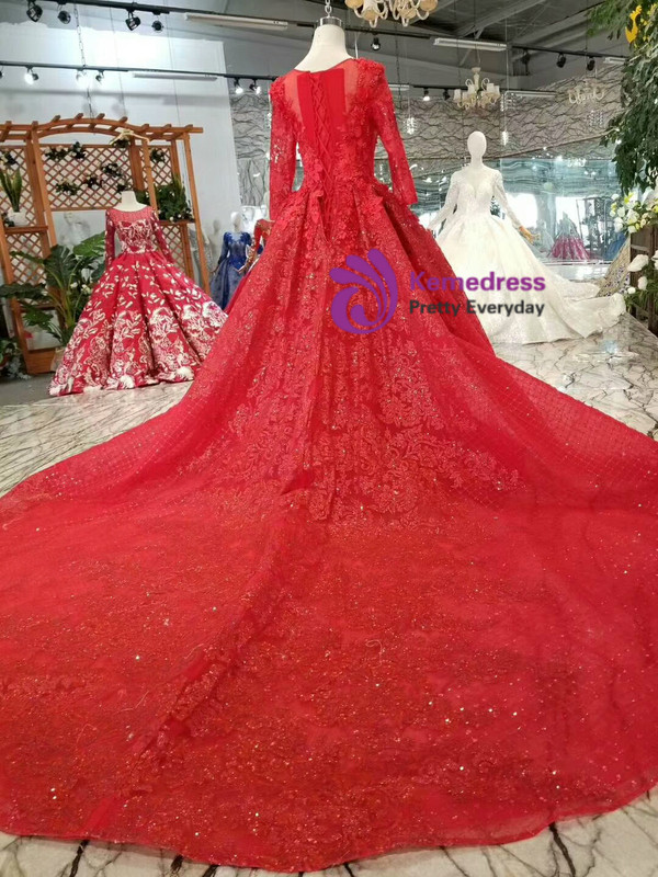Shop 2019 Long & Short Red Ball Gown Tulle Sequins Appliques Long Sleeve Wedding Dress With Train With Factory Price From Kemedress