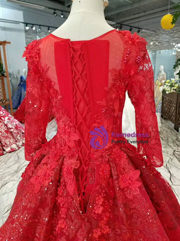 Shop 2019 Long & Short Red Ball Gown Tulle Sequins Appliques Long Sleeve Wedding Dress With Train With Factory Price From Kemedress