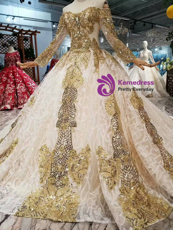 Shop 2019 Long & Short Light Champagne Tulle Sequins Appliques Off The Shoulder Long Sleeve Wedding Dress With Factory Price From Kemedress