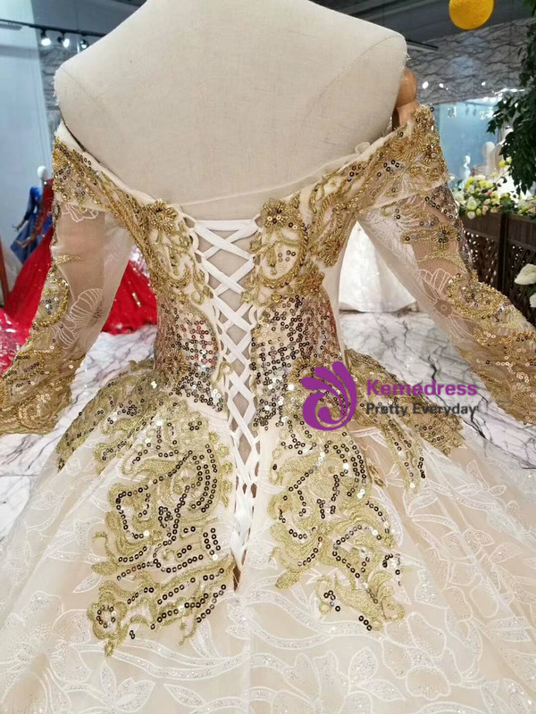 Shop 2019 Long & Short Light Champagne Tulle Sequins Appliques Off The Shoulder Long Sleeve Wedding Dress With Factory Price From Kemedress