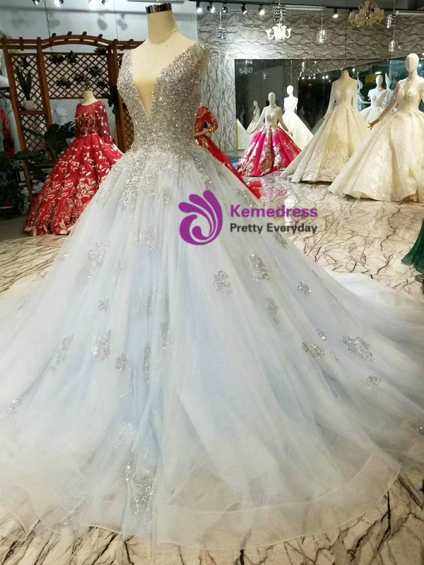 Shop 2019 Long & Short Blue Ball Gown Tulle Sequins Deep V-neck Backless Wedding Dress With Factory Price From Kemedress