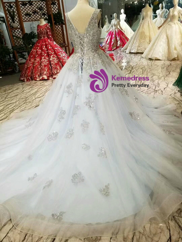 Shop 2019 Long & Short Blue Ball Gown Tulle Sequins Deep V-neck Backless Wedding Dress With Factory Price From Kemedress