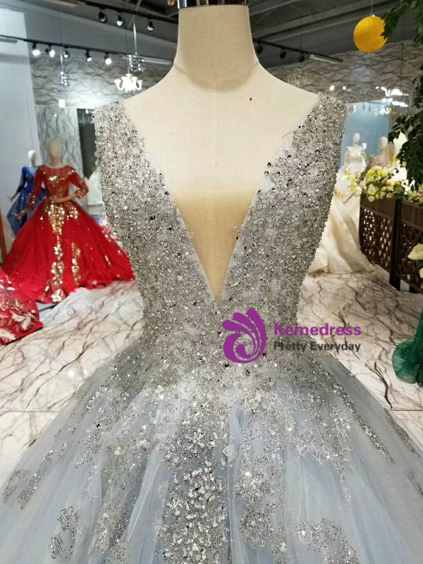 Shop 2019 Long & Short Blue Ball Gown Tulle Sequins Deep V-neck Backless Wedding Dress With Factory Price From Kemedress