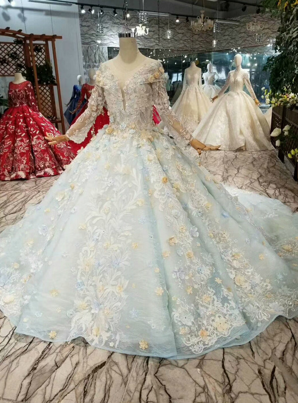 Shop 2019 Long & Short Blue Ball Gown Scoop Long Sleeve Appliques Hand Flower Wedding Dress With Factory Price From Kemedress