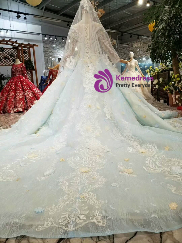 Shop 2019 Long & Short Blue Ball Gown Scoop Long Sleeve Appliques Hand Flower Wedding Dress With Factory Price From Kemedress