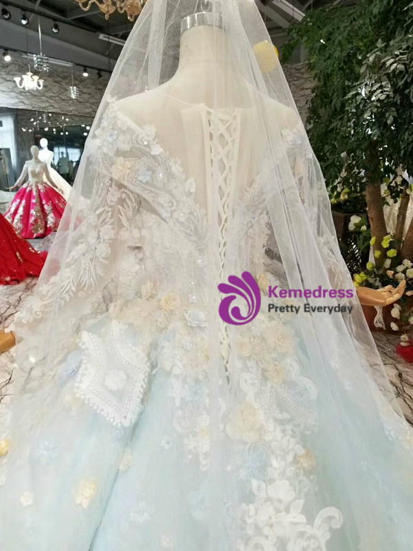 Shop 2019 Long & Short Blue Ball Gown Scoop Long Sleeve Appliques Hand Flower Wedding Dress With Factory Price From Kemedress