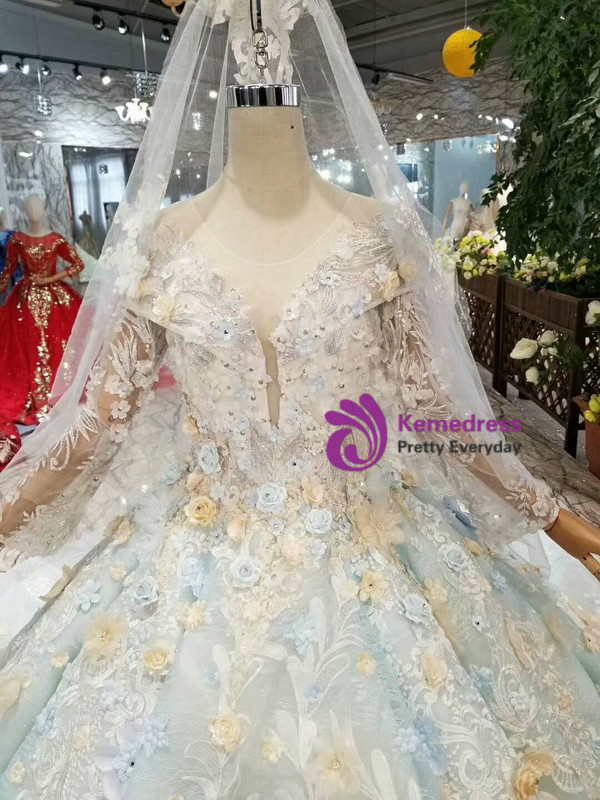 Shop 2019 Long & Short Blue Ball Gown Scoop Long Sleeve Appliques Hand Flower Wedding Dress With Factory Price From Kemedress