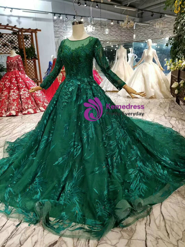 Shop 2019 Long & Short Champagne Ball Gown Tulle Lace Appliques Long Sleeve Wedding Dress With Train With Factory Price From Kemedress