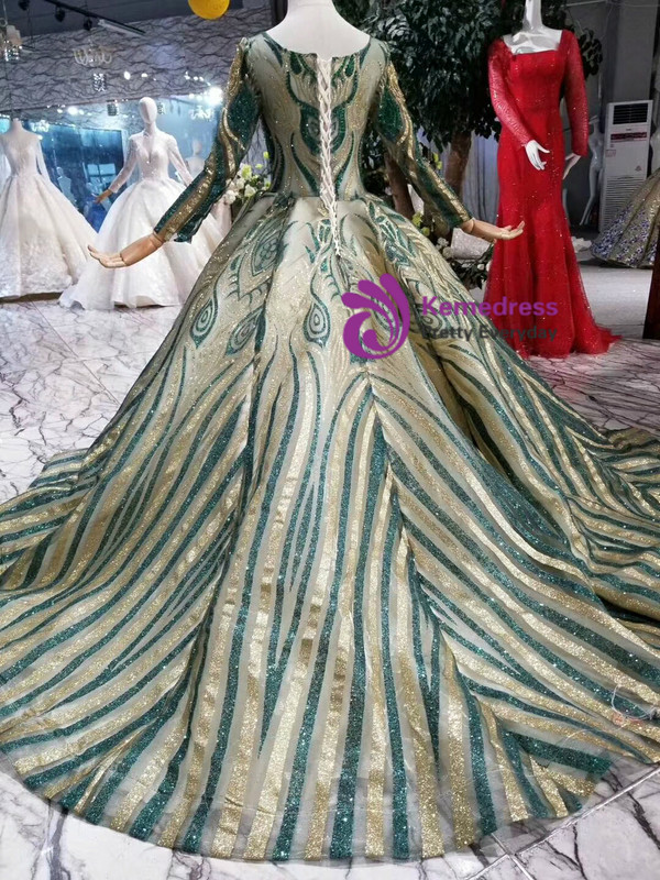 Shop 2019 Long & Short Bal Gown Green And Gold Sequins Bateau Long Sleeve Wedding Dress  With Factory Price From Kemedress