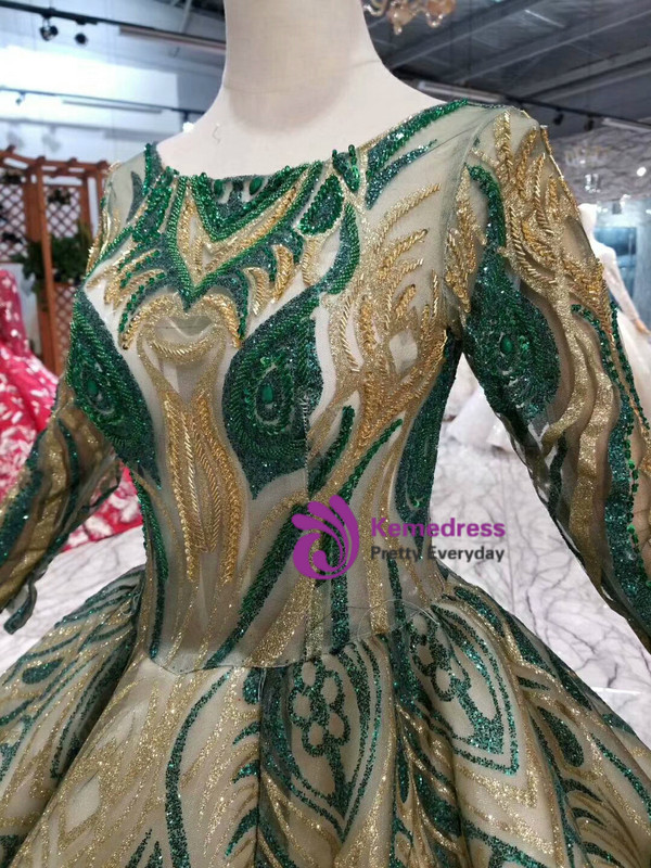 Shop 2019 Long & Short Bal Gown Green And Gold Sequins Bateau Long Sleeve Wedding Dress  With Factory Price From Kemedress
