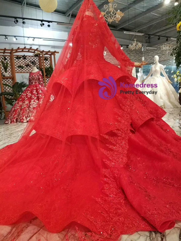 Shop 2019 Long & Short Red Ball Gown Lace Appliques High Neck Long Sleeve Wedding Dress With Factory Price From Kemedress