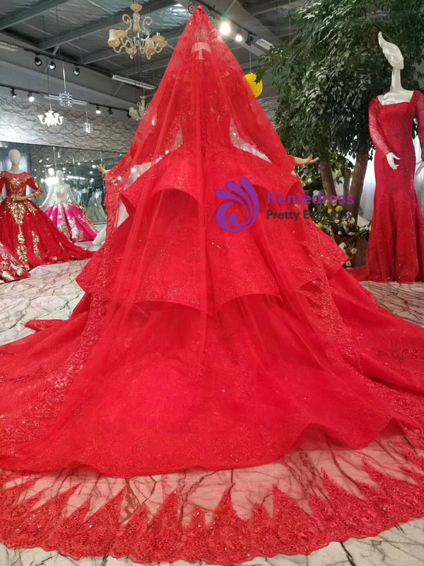 Shop 2019 Long & Short Red Ball Gown Lace Appliques High Neck Long Sleeve Wedding Dress With Factory Price From Kemedress