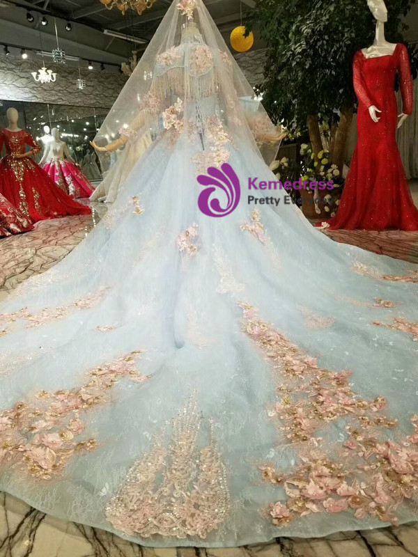 Shop 2019 Long & Short Blue Ball Gown Lace Sweetheart Neck Appliques Wedding Dress Shawl With Factory Price From Kemedress