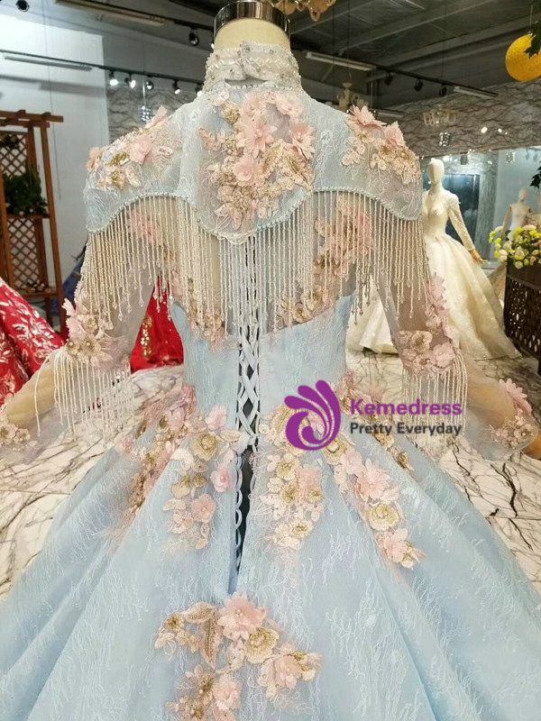 Shop 2019 Long & Short Blue Ball Gown Lace Sweetheart Neck Appliques Wedding Dress Shawl With Factory Price From Kemedress