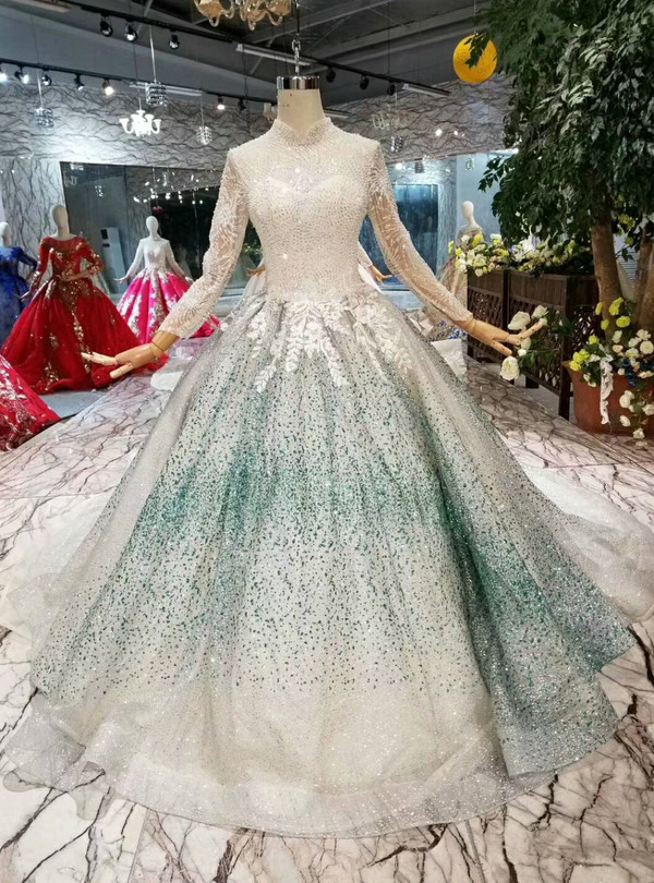 Shop 2019 Long & Short Ball Gown Sequins High Neck Long Sleeve Appliques Wedding Dress With Factory Price From Kemedress