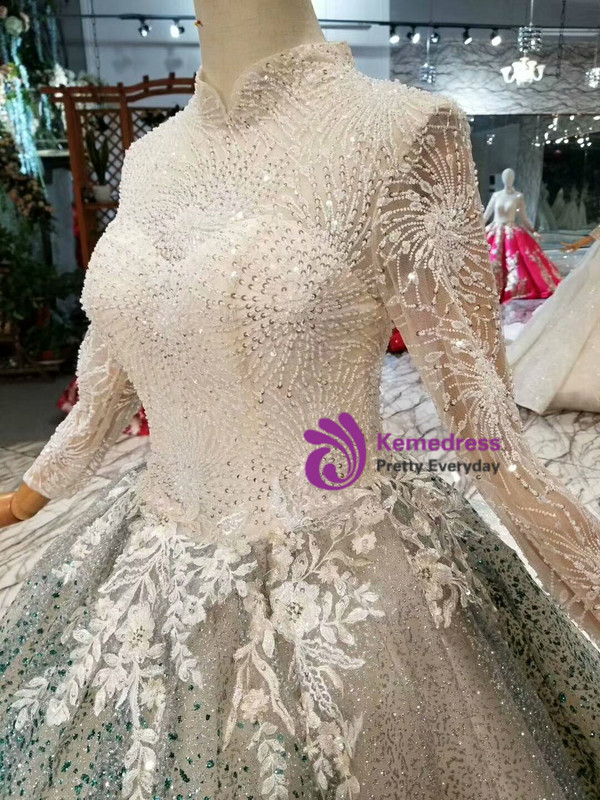 Shop 2019 Long & Short Ball Gown Sequins High Neck Long Sleeve Appliques Wedding Dress With Factory Price From Kemedress