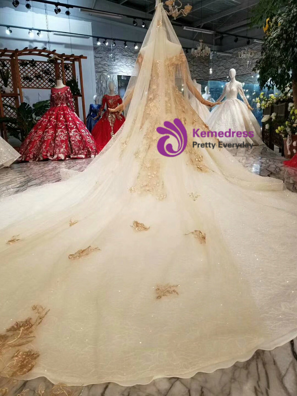 Shop 2019 Long & Short Champagne Ball Gown Tulle Sequins Appliques Off The Shoulder Wedding Dress With Factory Price From Kemedress