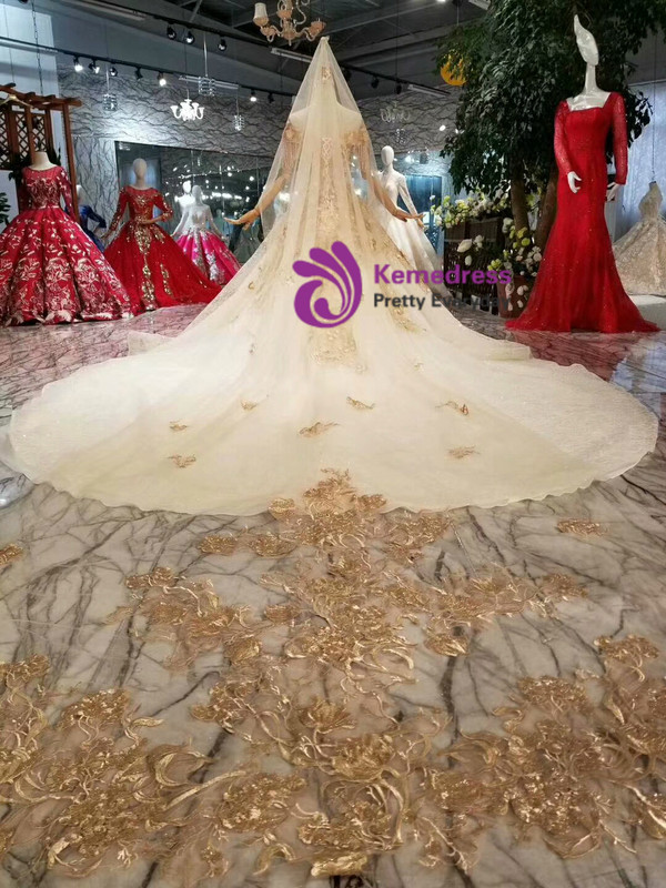 Shop 2019 Long & Short Champagne Ball Gown Tulle Sequins Appliques Off The Shoulder Wedding Dress With Factory Price From Kemedress